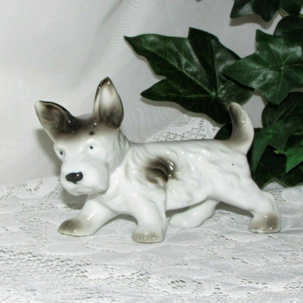 Vintage Dog Figurine Grey White Porcelain Terrier Puppy Japan Pets Cottagecore